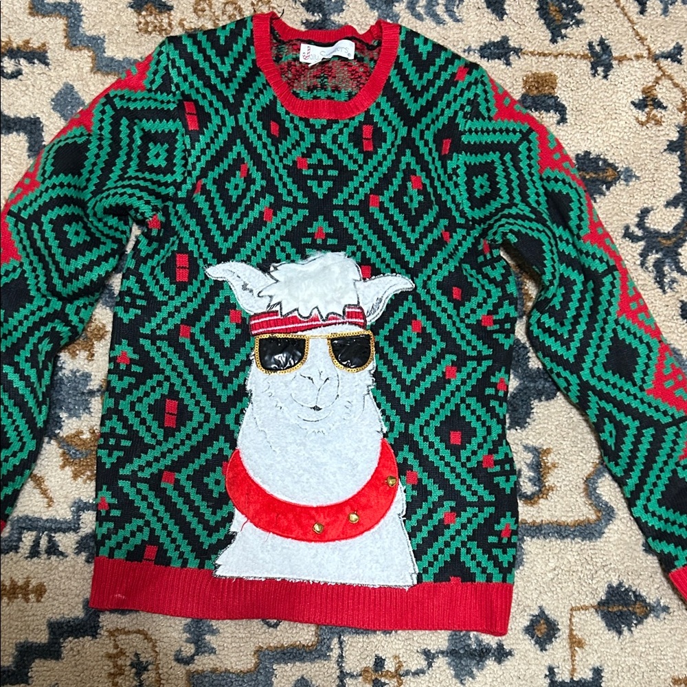 Festive Llama Crewneck Sweater - Black, Green, and Red